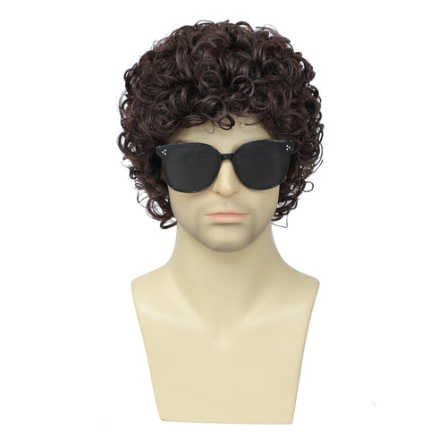 Airhostess Wig Mens Short Afro Curly Wig for Male 70s 80s Disco Wig Guy Rocker Wig Halloween Cosplay Fancy Wigs for Daily Party Costume (Dark Brown)