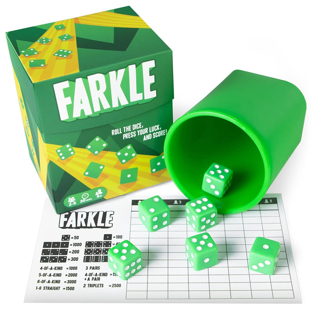 Brybelly Farkle: The Classic Family Dice Game | Set Includes Dice Cup Set of 6 Green Dice 25 Scorecards and Storage Box