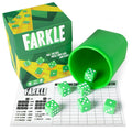 Brybelly Farkle: The Classic Family Dice Game | Set Includes Dice Cup Set of 6 Green Dice 25 Scorecards and Storage Box