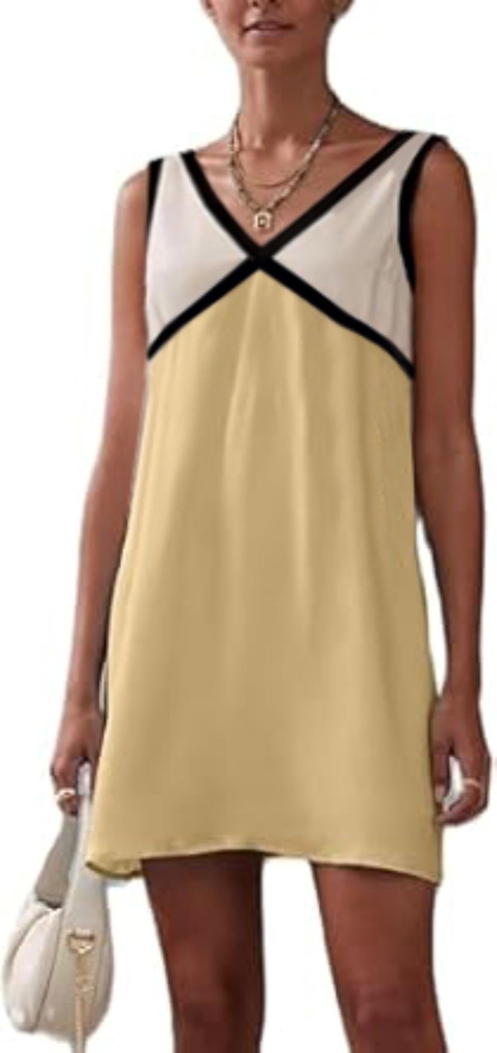IDEWO Aesthetic Dress Satin Dress Beach Dress Summer Dress Sleeveless Maxi Dress V Neck Color Block Dresses (Yellow-ShortXLX-Large)