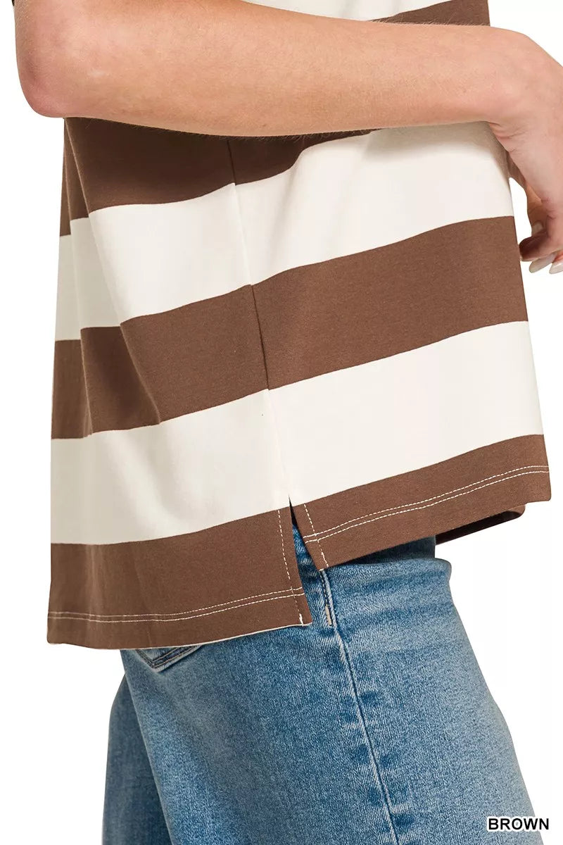 Zenana Striped Collared Polo Top