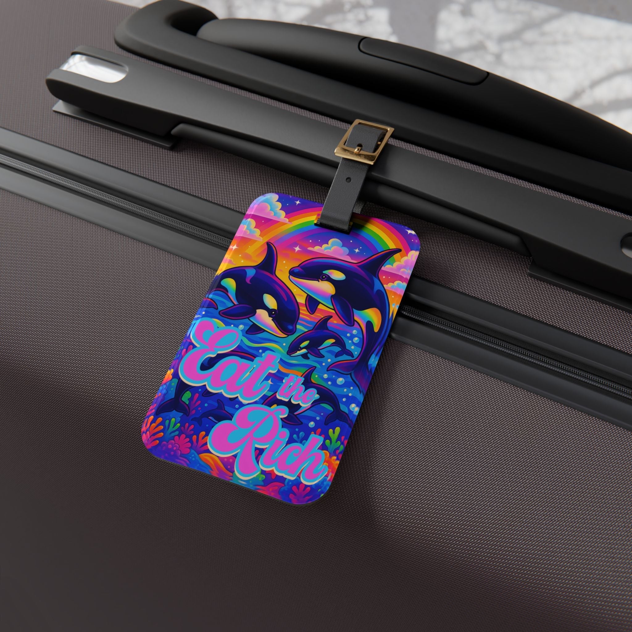 Bespattered Facade "Eat the Rich" Orcas Luggage Tag with Leather Strap