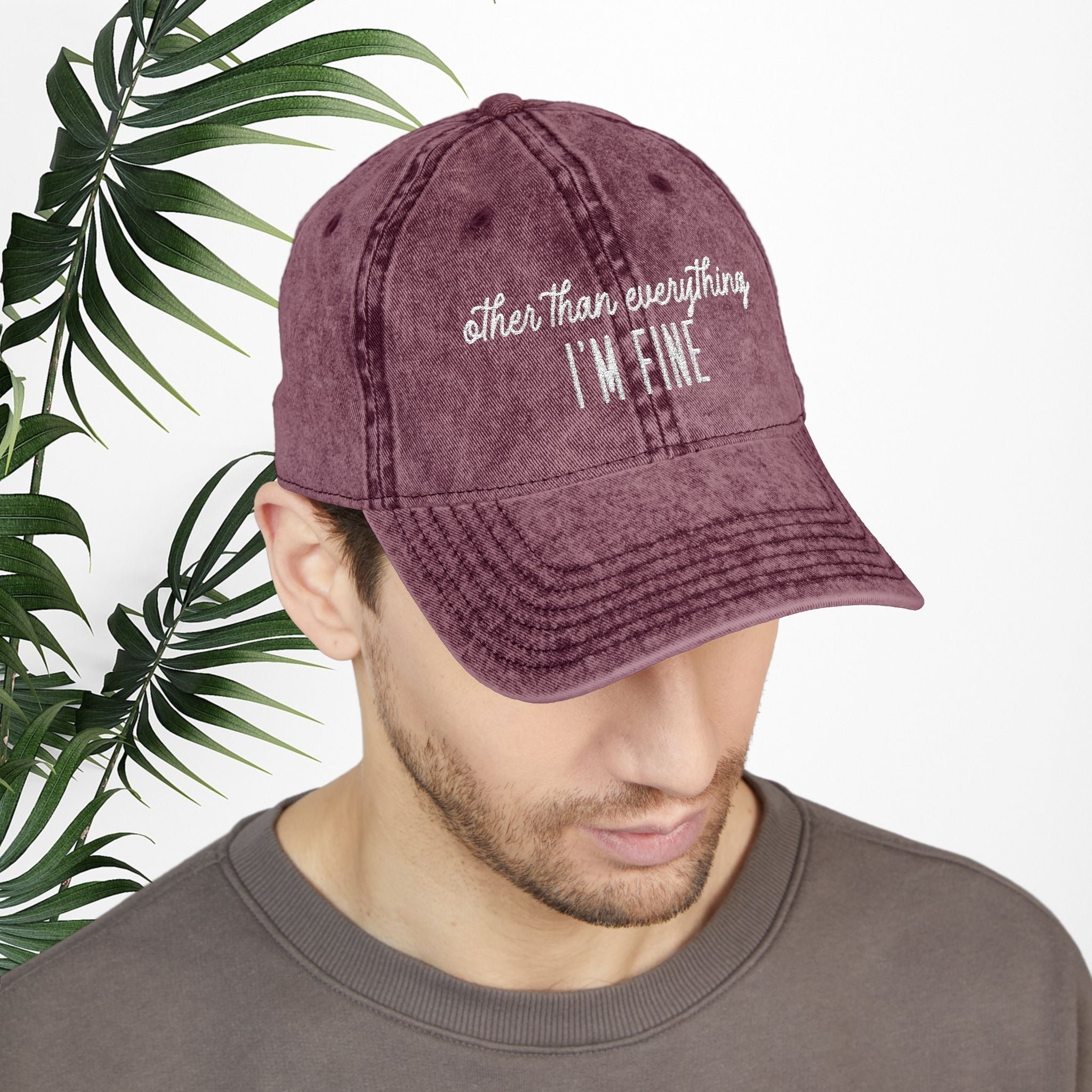 Bespattered Facade "I'm Fine" White Embroidered Vintage Cap