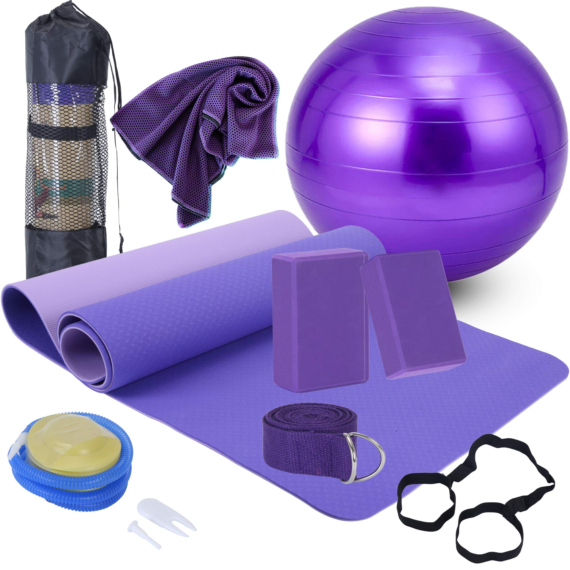 Yoga Beginners Kit Yoga Blocks 2 Pack Yoga Strap Yoga Ball Yoga Mat with Carrying Strap Net Bag Sports Cooling TowelYoga Mat Kits and Sets for Beginners 11-Piece Yoga Starter Kit for Women (Purple)