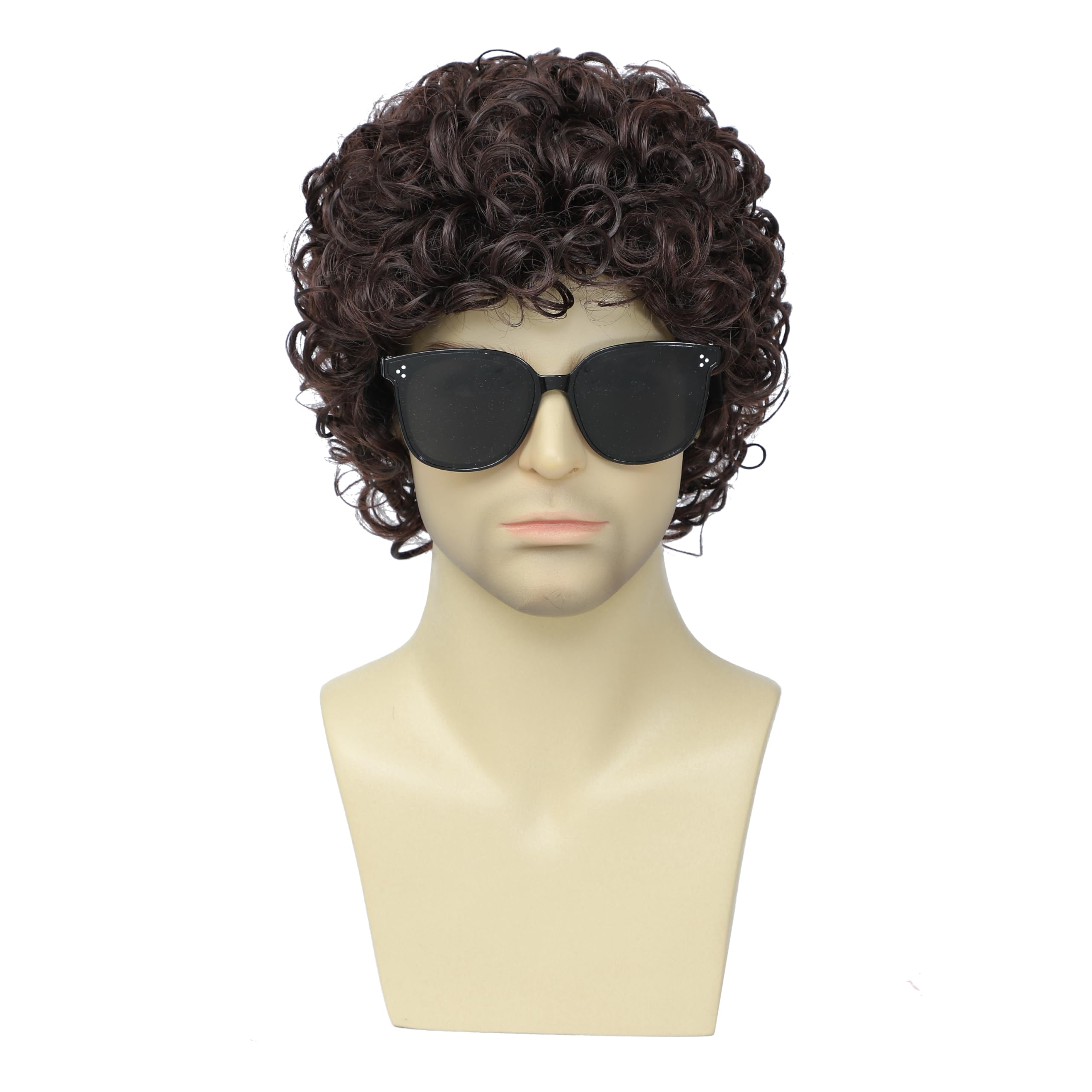 Airhostess Wig Mens Short Afro Curly Wig for Male 70s 80s Disco Wig Guy Rocker Wig Halloween Cosplay Fancy Wigs for Daily Party Costume (Dark Brown)