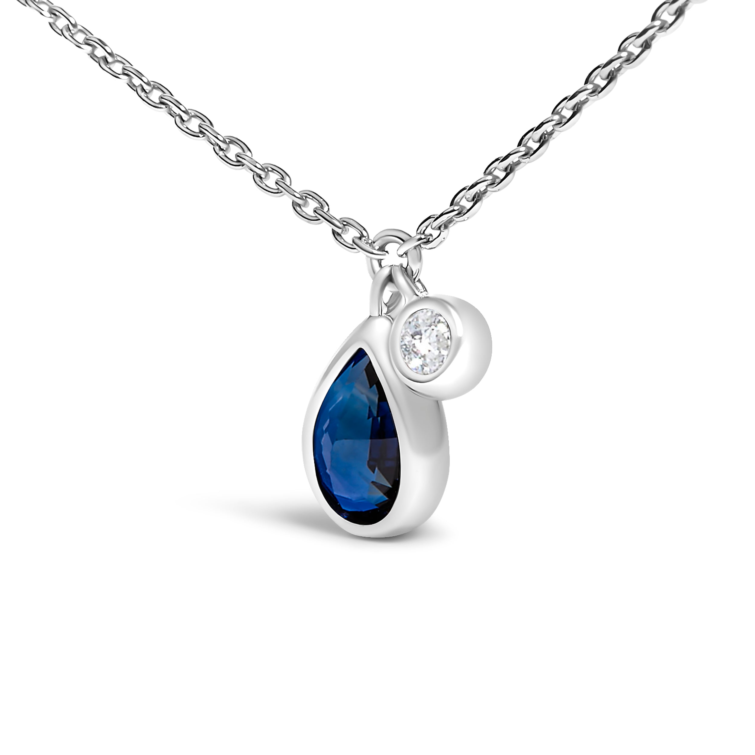 14K White Gold 6x4mm Pear Blue Sapphire and Diamond Accent Charm Pendant Necklace - 18" Inches