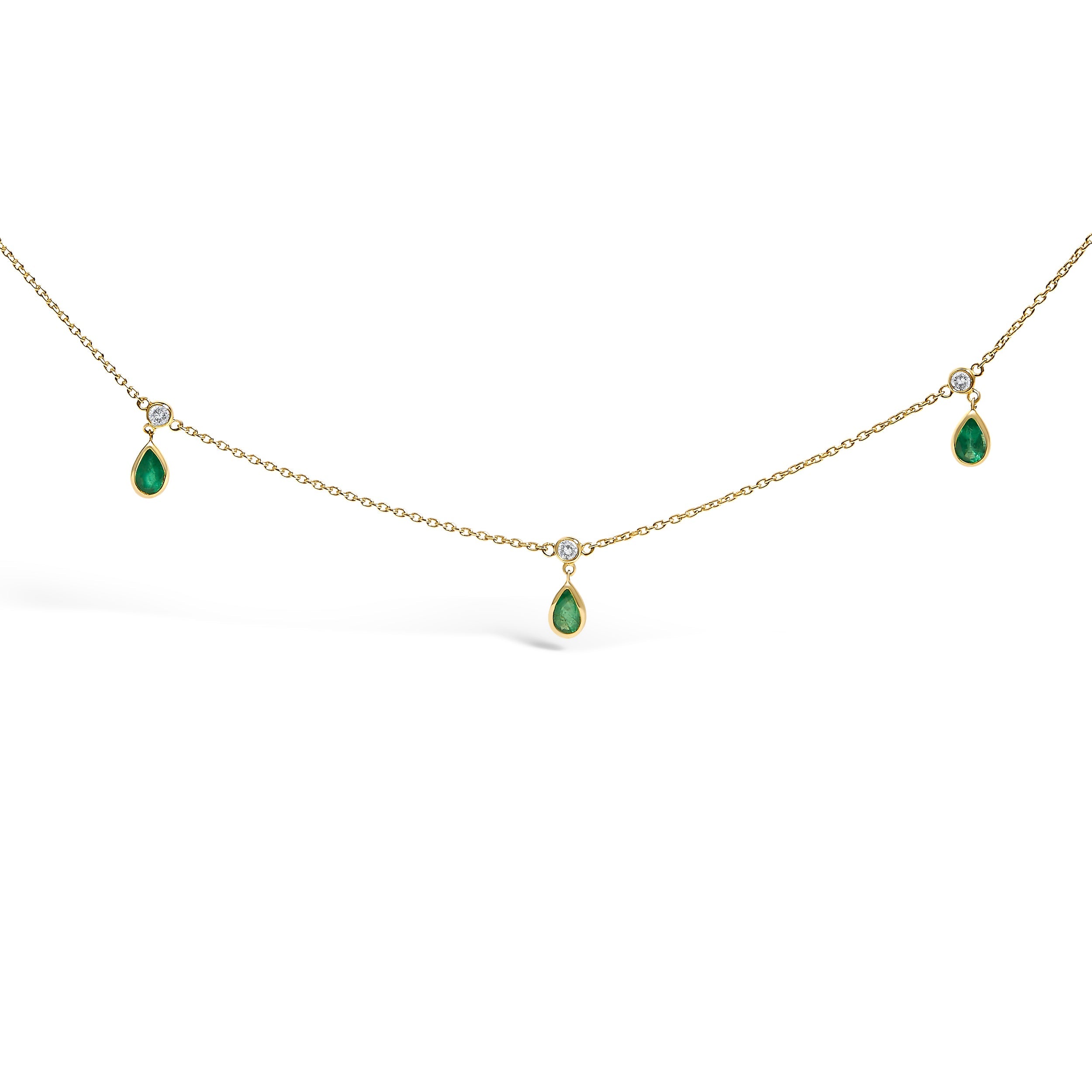 10K Yellow Gold Dangling 5x3 mm Green Emerald and Diamond Station Necklace - 18" Inches