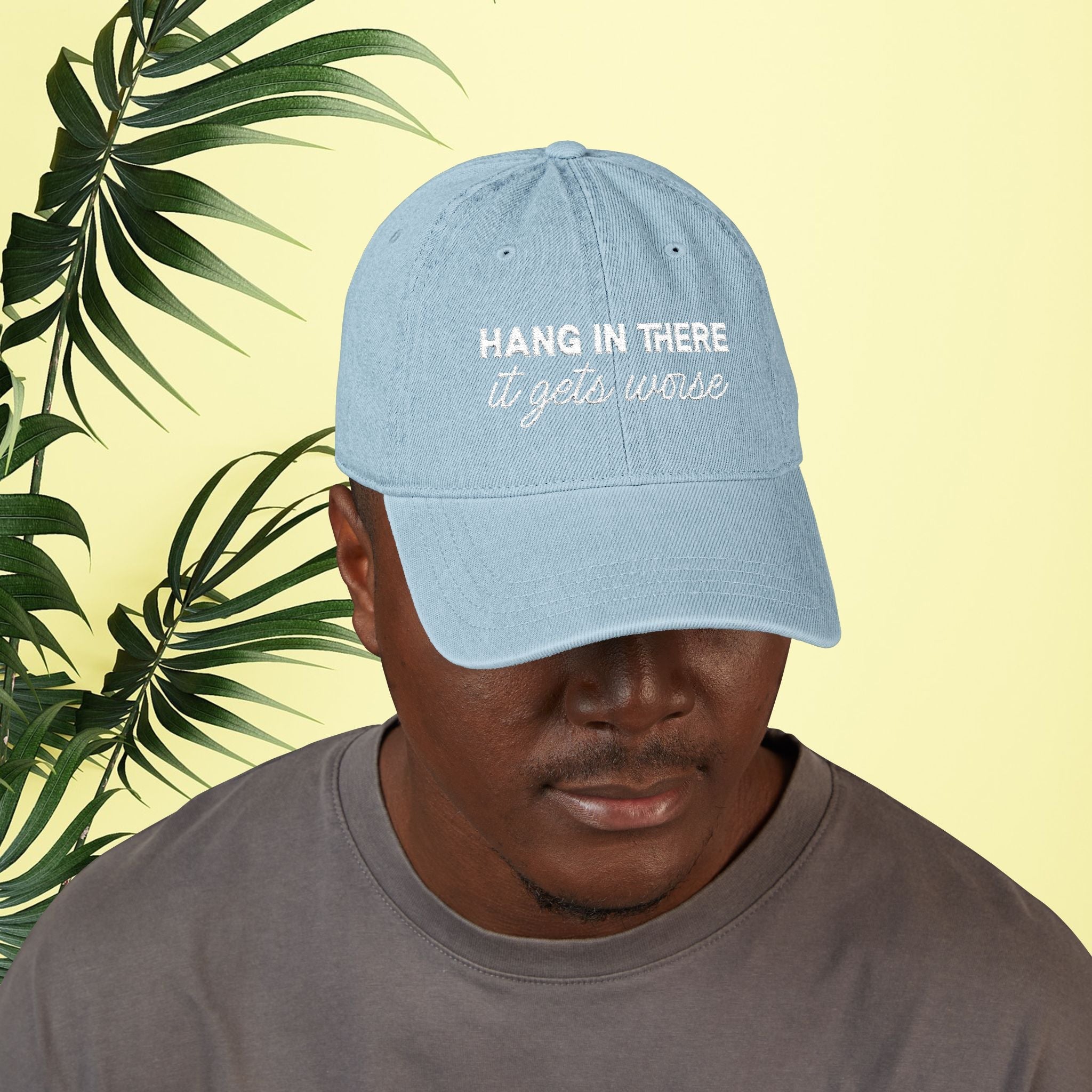 Bespattered Facade "Hang in There" White Embroidered Denim Cap