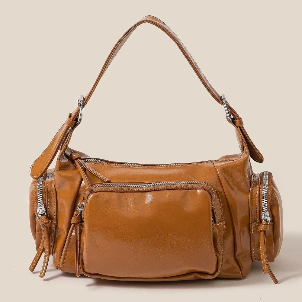 Fame Glossy Faux Leather Multi Pocket Hand Bag