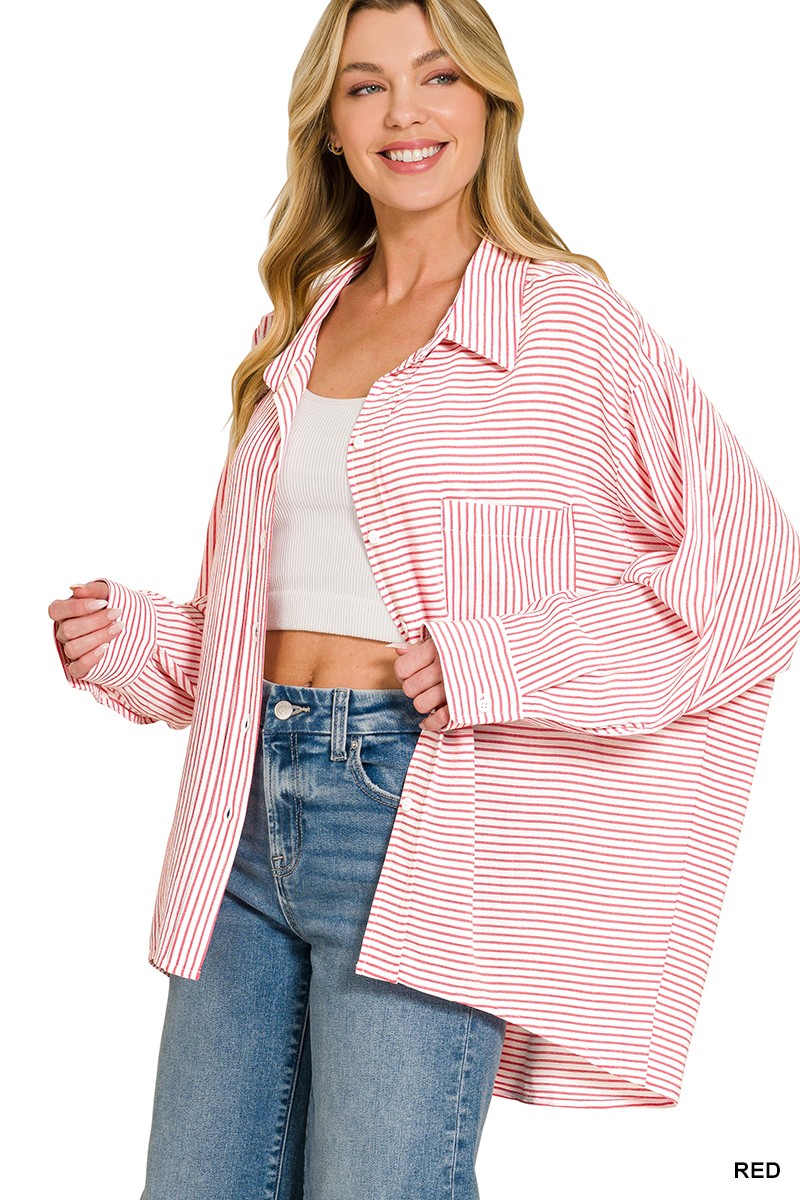 Zenana Woven Stripe Button Down Shirt