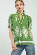 Umgee Boho Print Split-Neck Short Sleeve Top