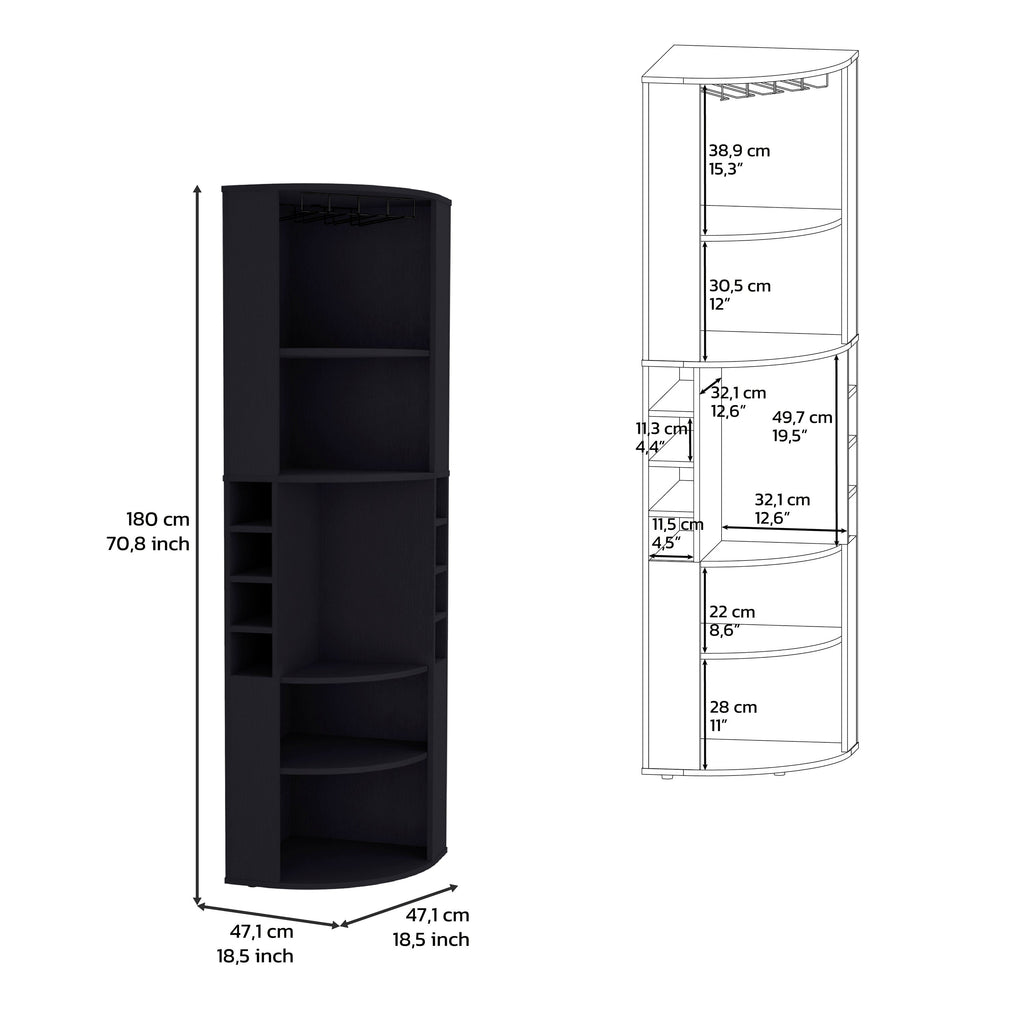 71' Corner Bar Cabinet with Five Shelves, Eight Bottle Cubbies and Stemware,Black