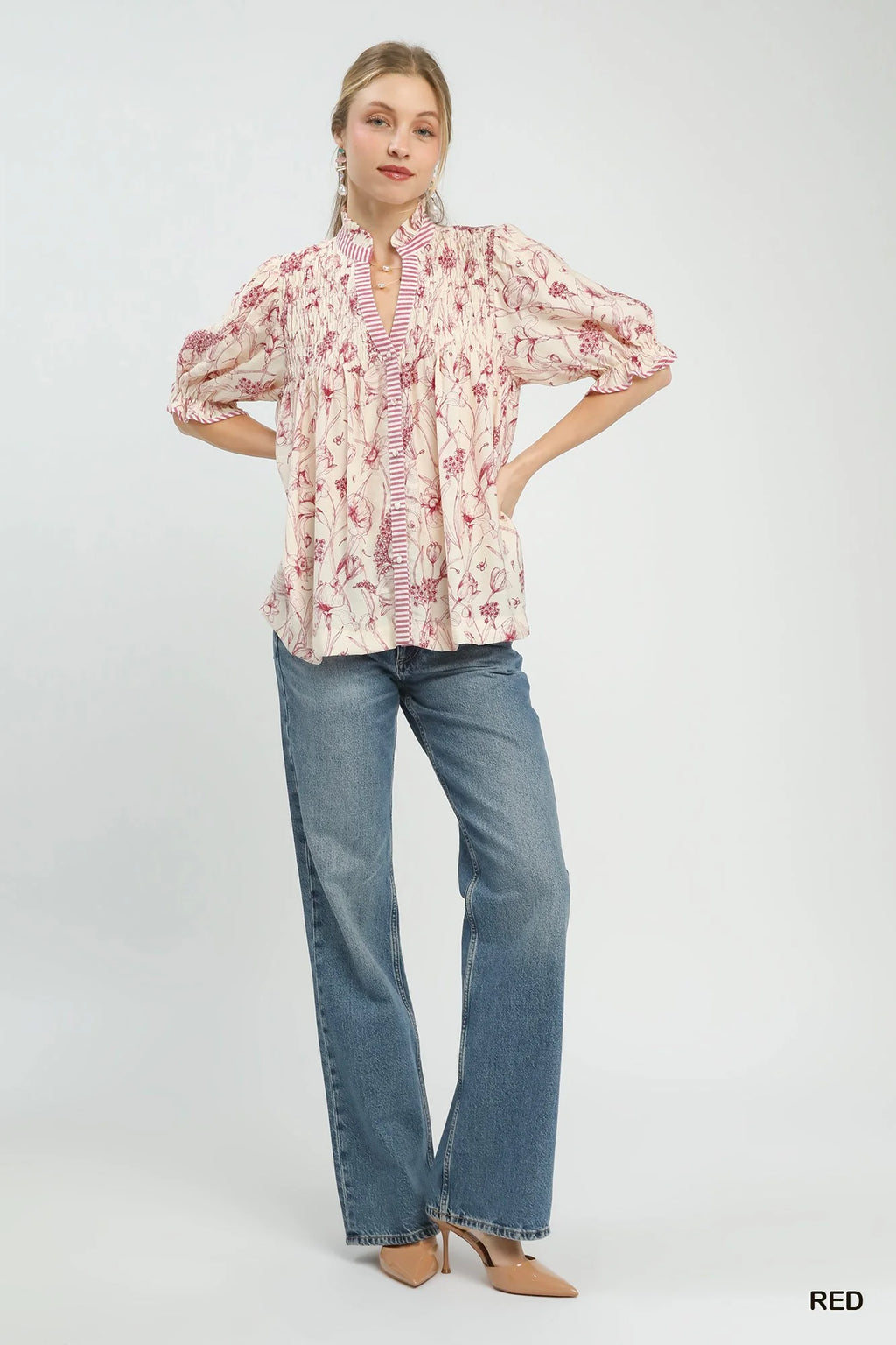 Umgee Mixed Print Button Front Top