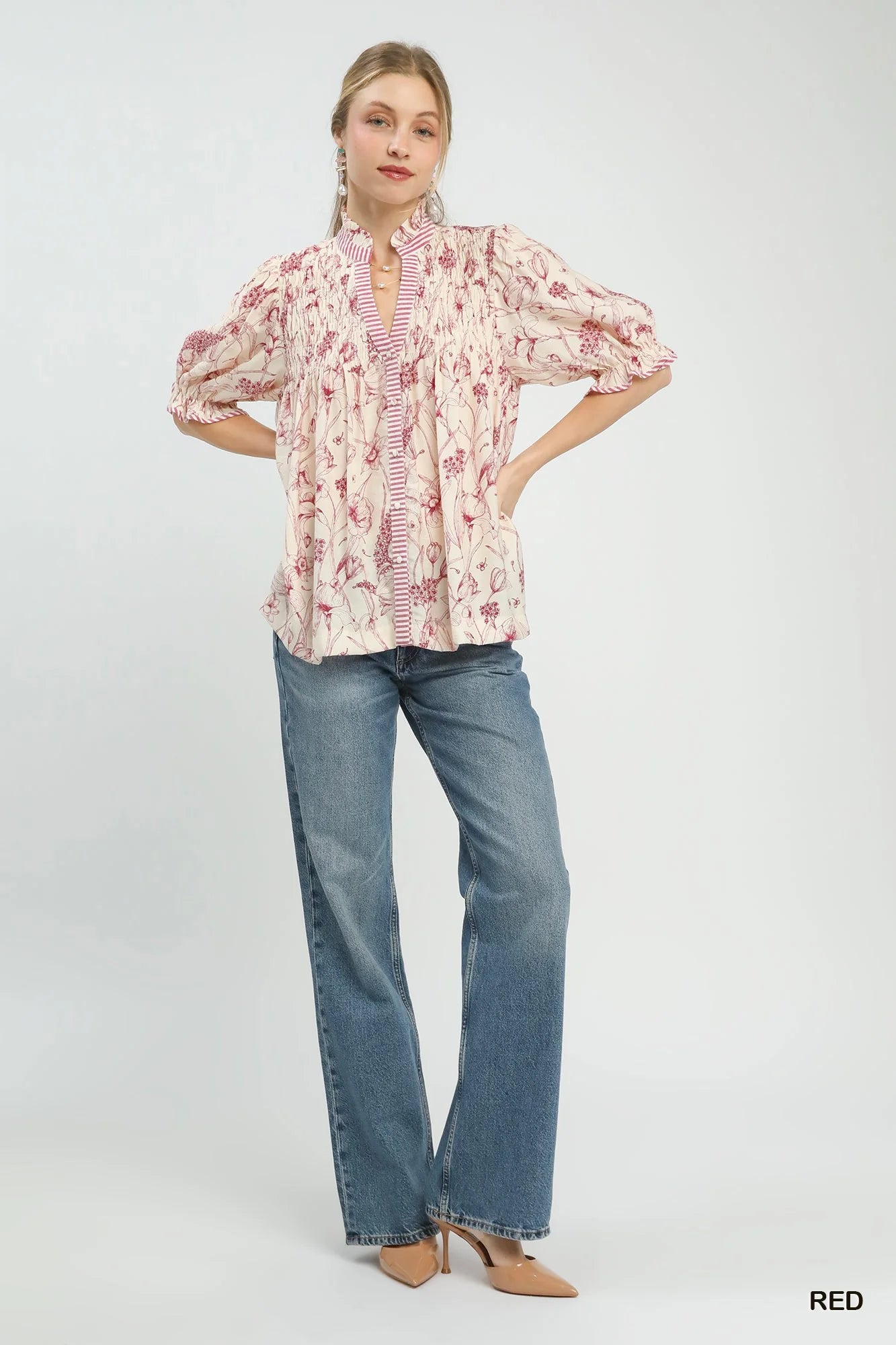 Umgee Mixed Print Button Front Top