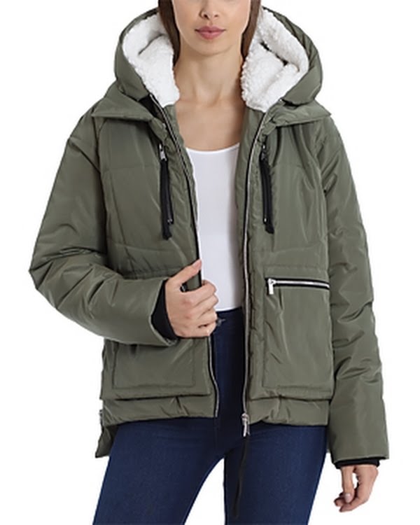 Bagatelle Zippered Pocketed Utility Faux Fur Water Resistant Jacket, Size Medium