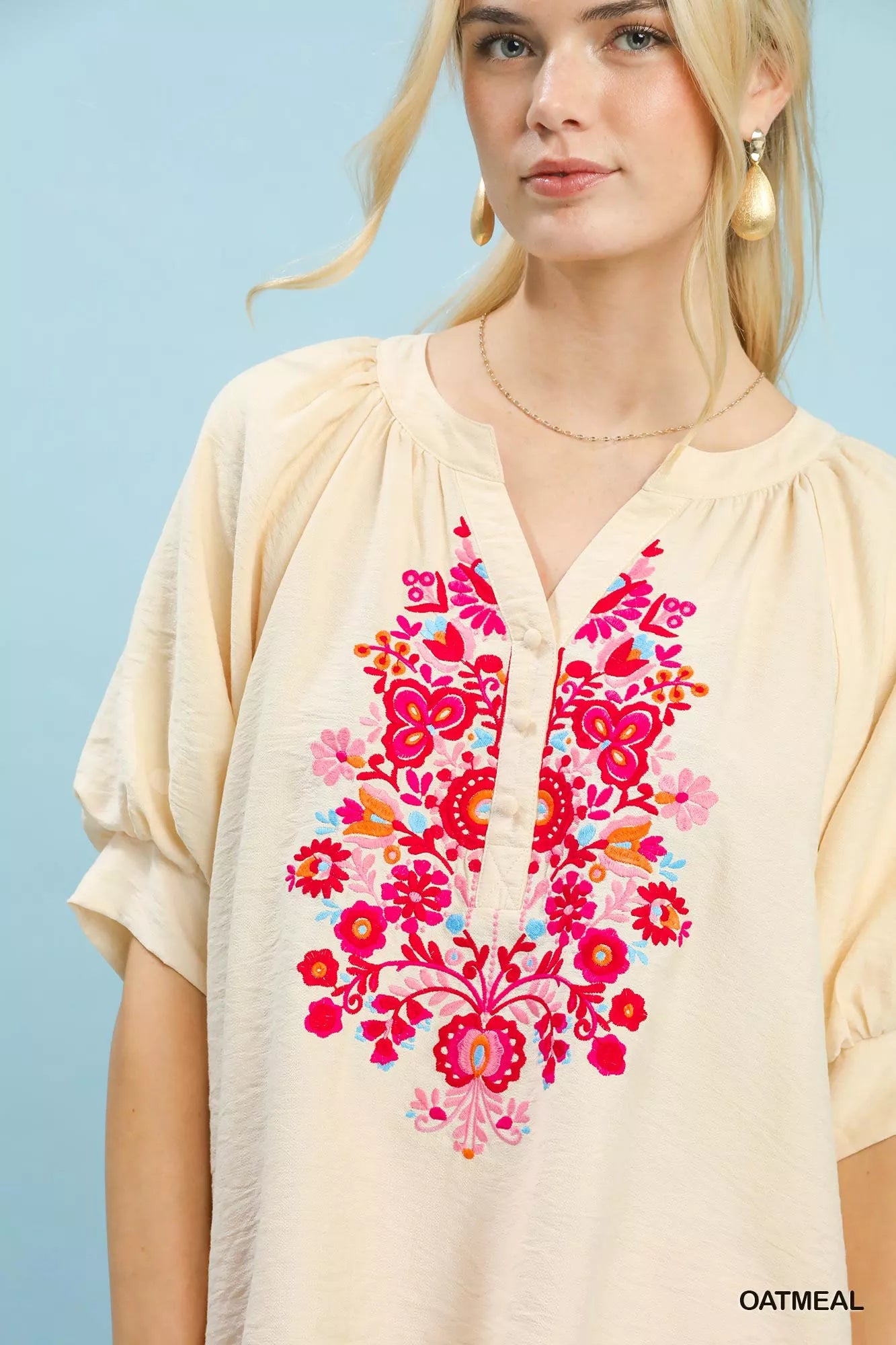 Umgee Embroidered Puff Sleeve Blouse