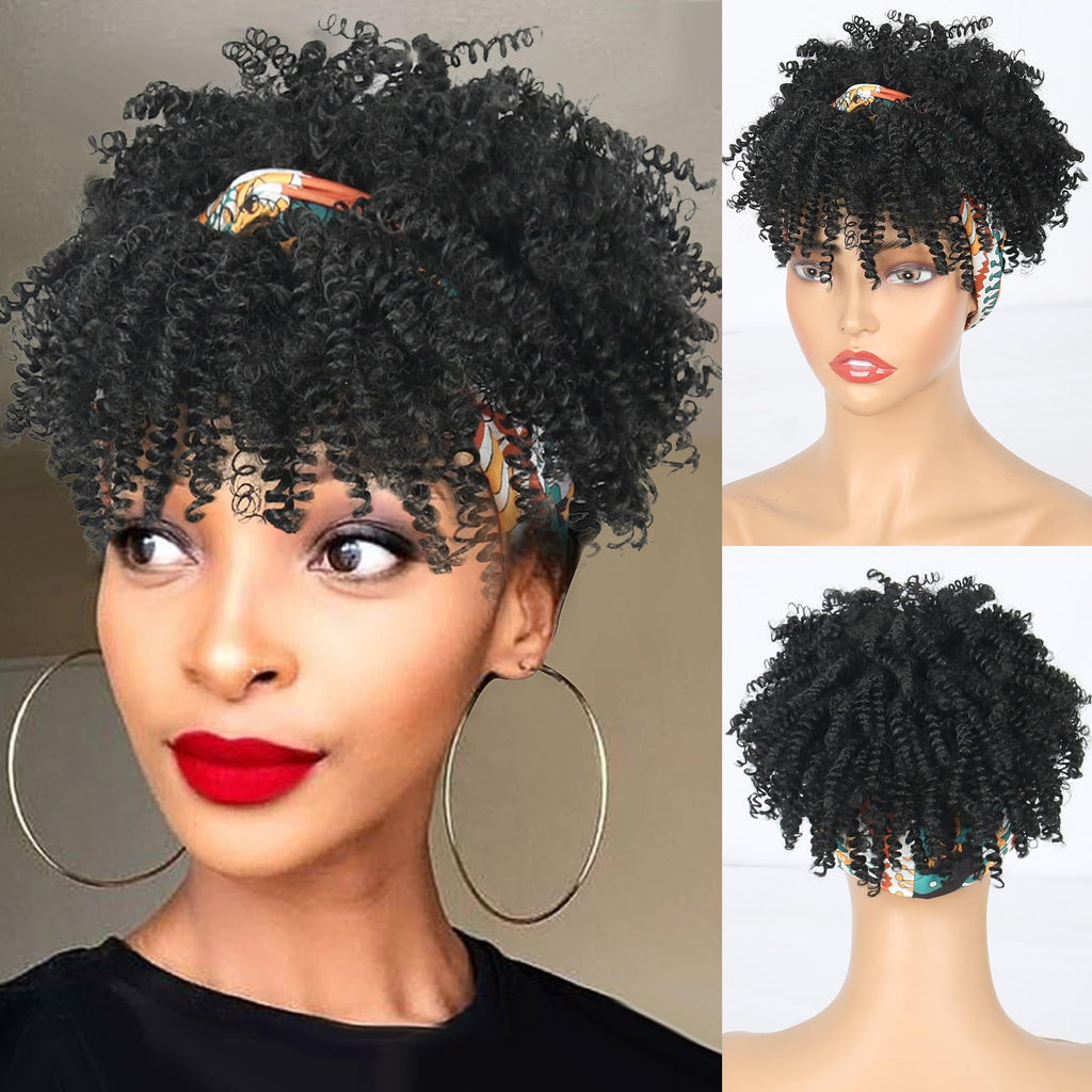 LEOSA Black Headband Wig with Bangs for Black Women Afro Curly Wig with Headband Attached Synthetic Short Kinky Curly Hair Wigs Afro Kinky Black Wig with Bangs Natural Black Afro Wig High Puff Wig