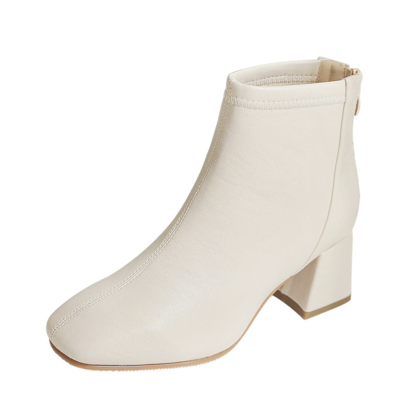 New Arrival White Chunky Heeled Ankle Boots for Women