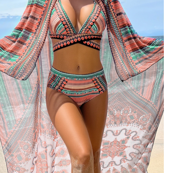 Geometric Print Bikini Set with Cross Design