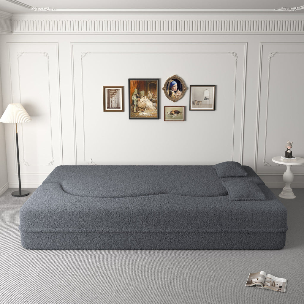Modern Floor Sofa, with 2 Pillows, Convertible Teddy Fabric Foam Filled Bed, 15 inch Full Size Folding Mattress, Suitable for Living Room, Guest room, Game Room, Grey