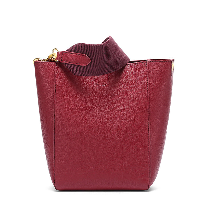 New Genuine Leather Bucket Bag with Wide Shoulder Strap