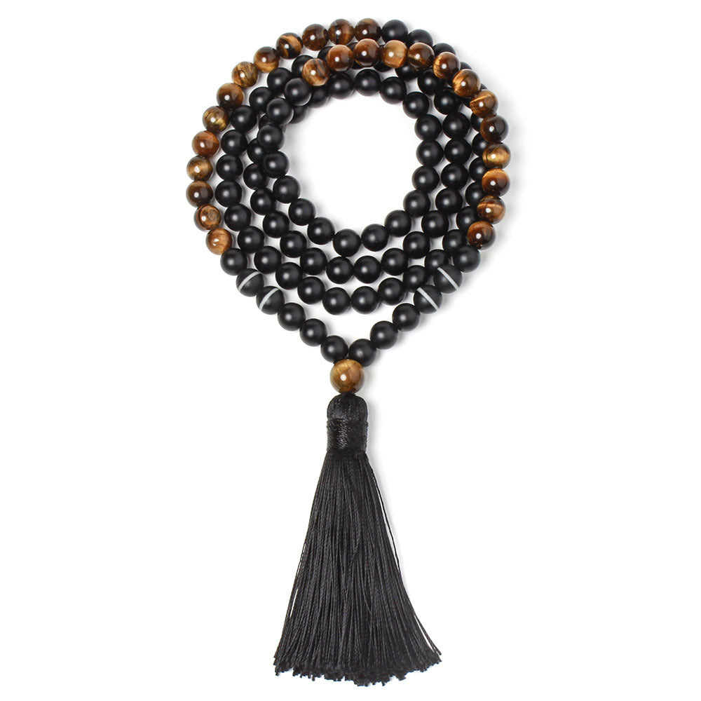New Black Onyx Bead Necklace with Tiger Eye Tassel