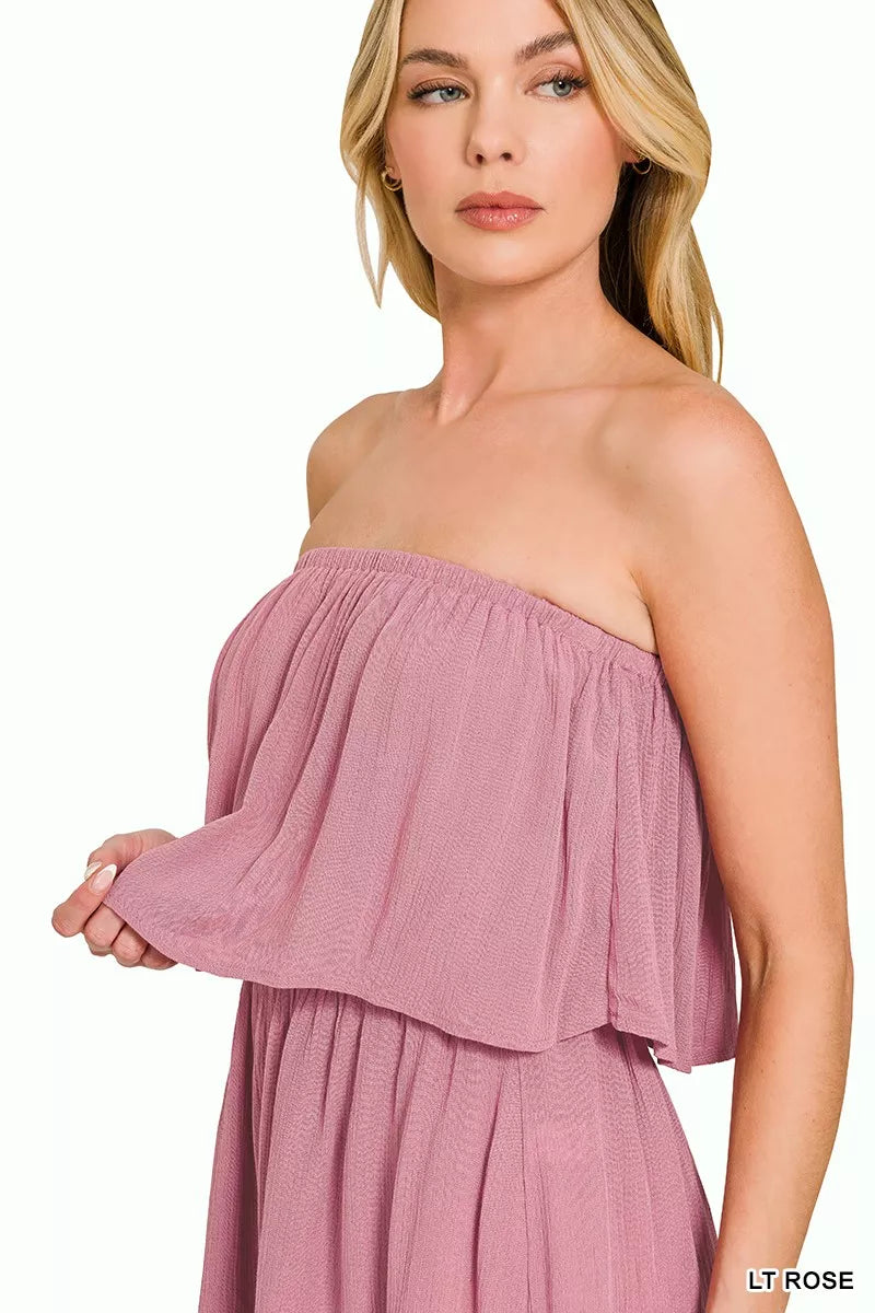 Zenana Woven Crinkle Strapless Rompers