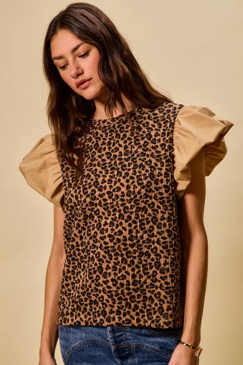 SO ME Leopard Pointelle Knit Top with Puff Sleeves
