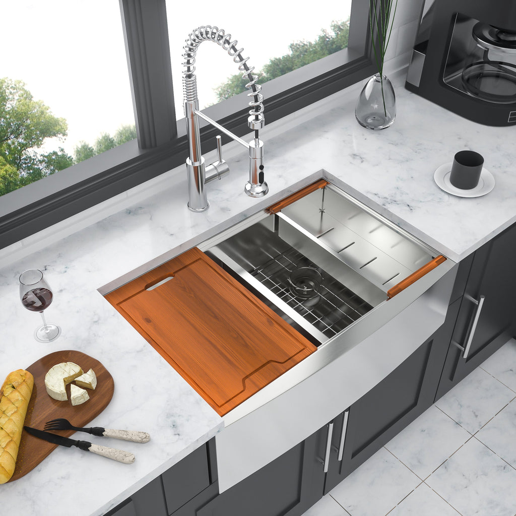 Farmhouse Double Bowl Workstation Kitchen Sink - 33 Inch Stainless Steel 16 Gauge Apron Front, Brushed Nickel Finish