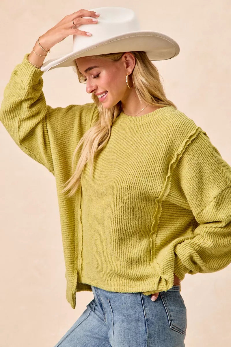 BiBi Boucle Rib Knit Uneven Hem Sweater With Open Seam
