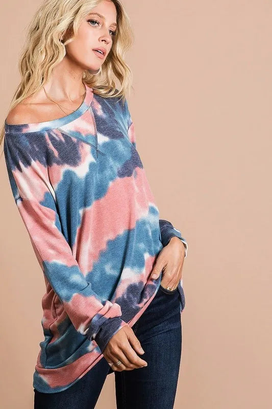 BiBi Tie Dye French Terry Pull Over with Front Stitching Detail