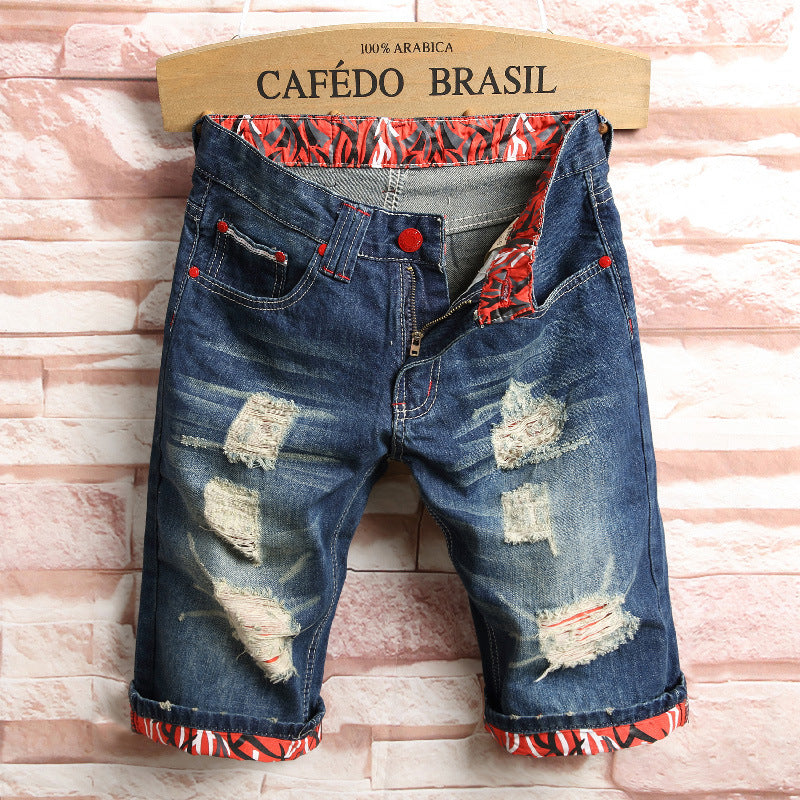Trendy Men's Ripped Denim Shorts Slim Straight Leg Pants
