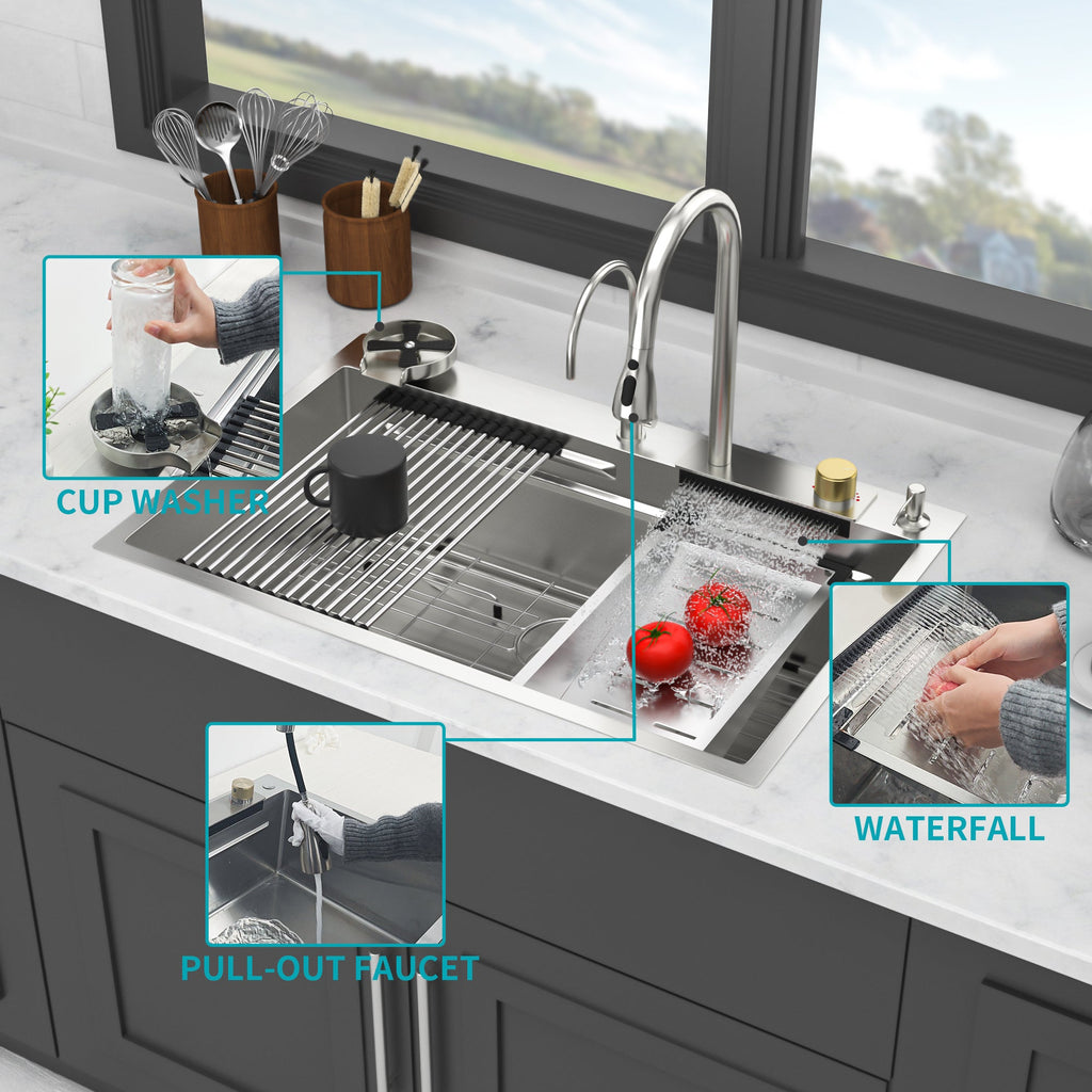 33*22 inch Brushed Nickel 33' Waterfall Kitchen Sink with Pull-Out Faucet & Cup Washer, Stainless Steel Ledge Workstation