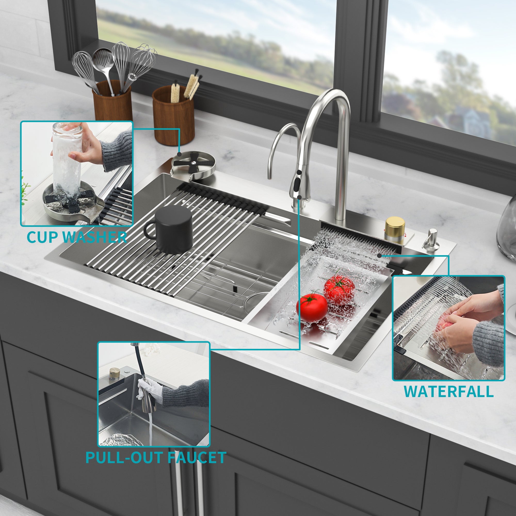 33*22 inch Brushed Nickel 33' Waterfall Kitchen Sink with Pull-Out Faucet & Cup Washer, Stainless Steel Ledge Workstation