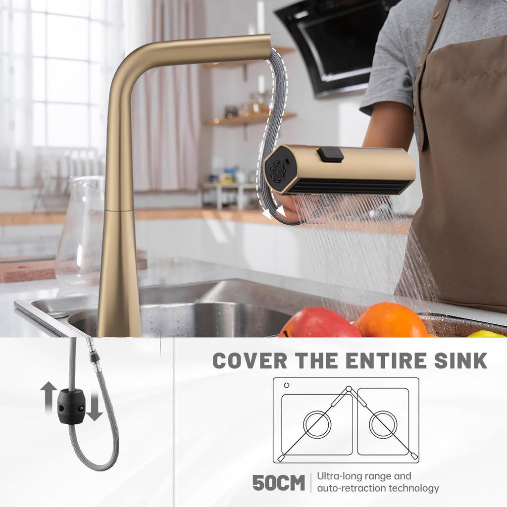 Brushed Gold Waterfall Kitchen Faucet with Temperature Display and Pull Down Sprayer