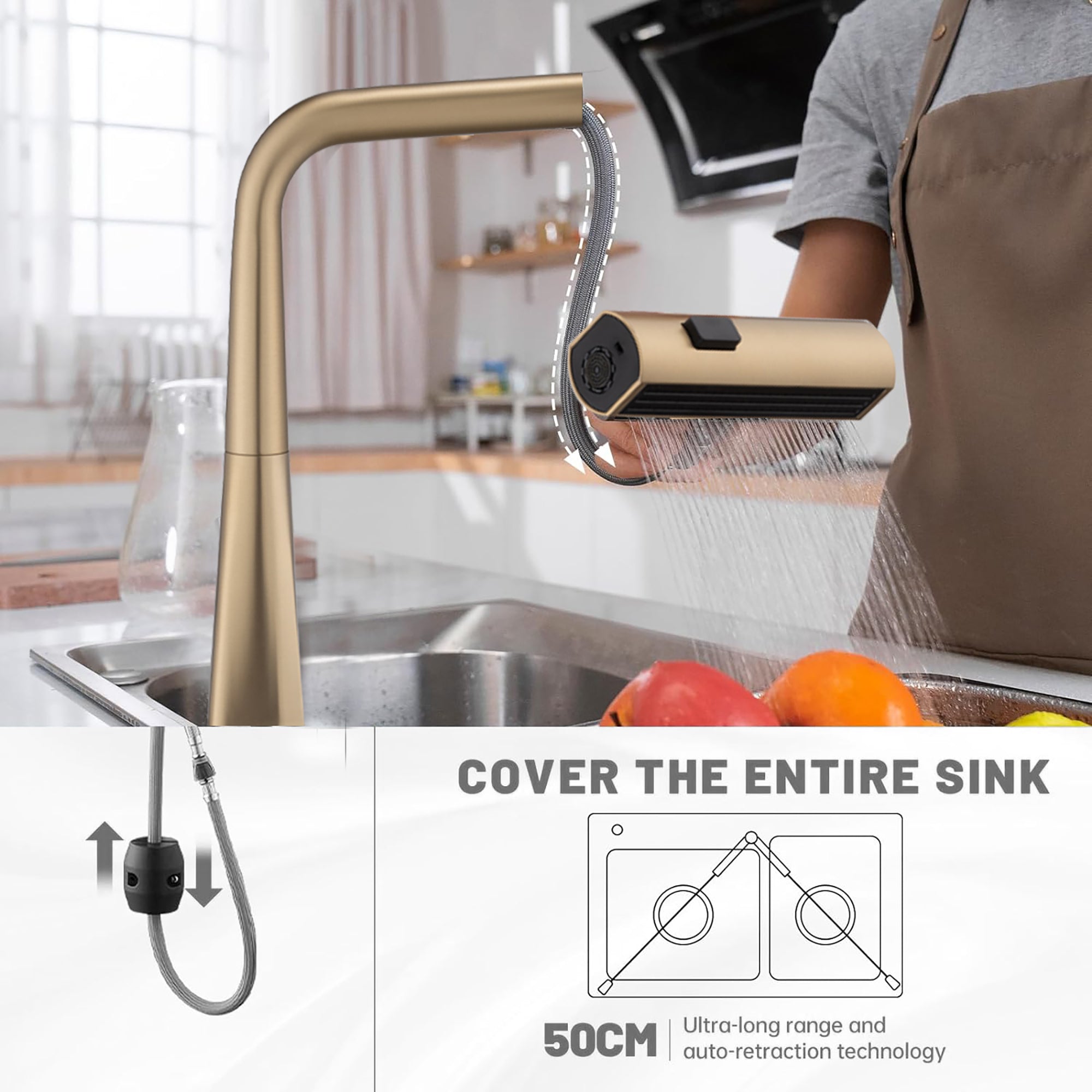 Brushed Gold Waterfall Kitchen Faucet with Temperature Display and Pull Down Sprayer