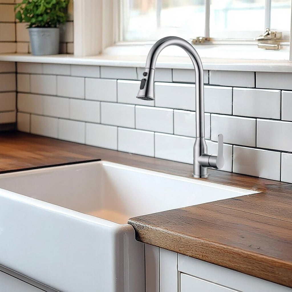 Stainless Steel High Arc Kitchen Faucet with Pull Down Sprayer in Brushed Nickel Finish