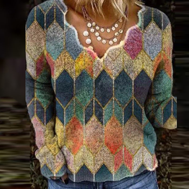 Printed Long Sleeve V-Neck Sweater for Women