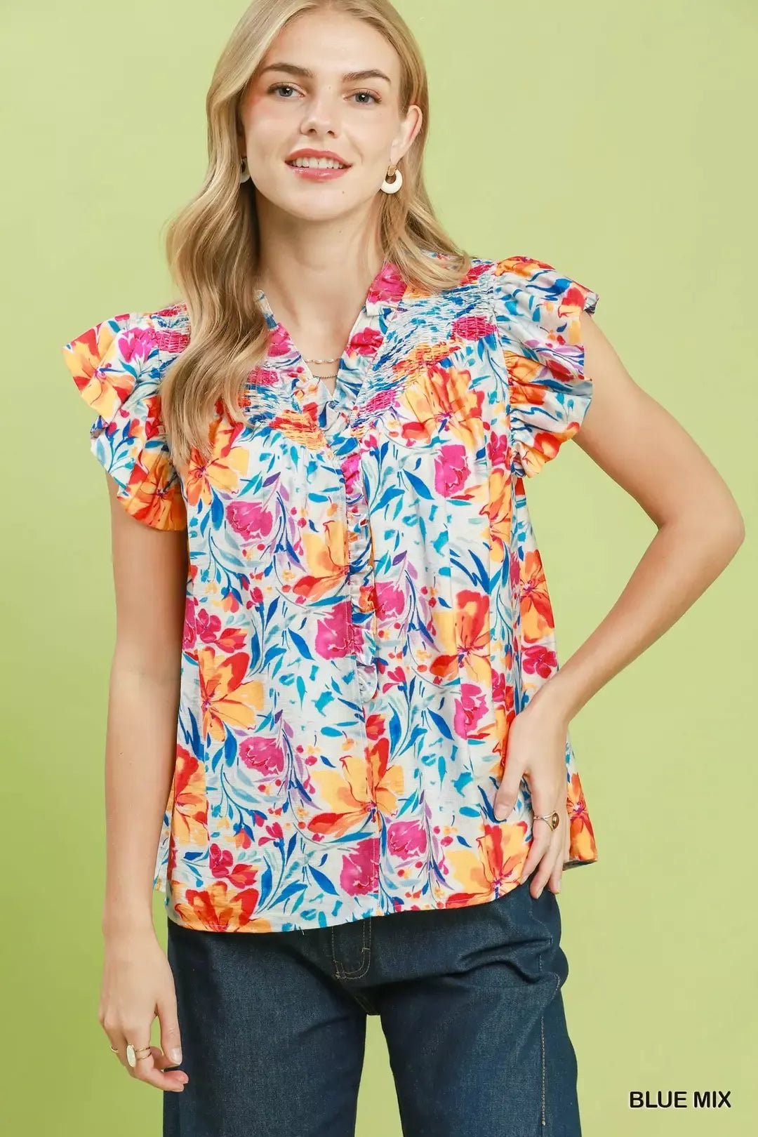 Umgee Smocked Yoke Ruffle Sleeve Floral Blouse