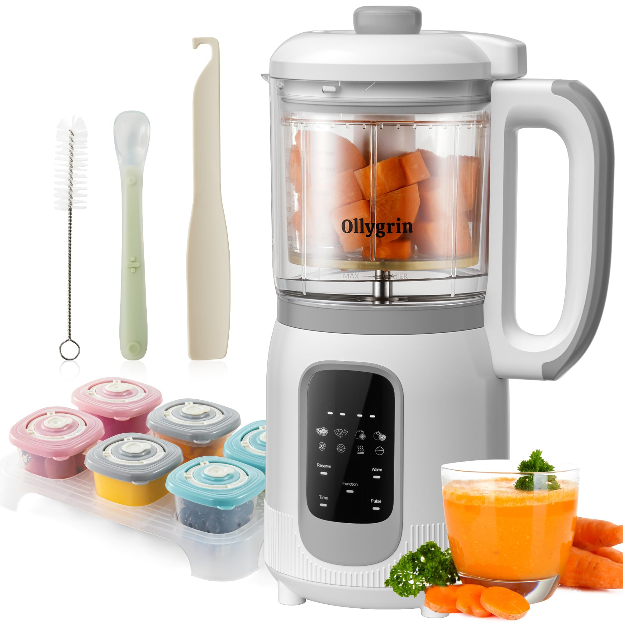 Ollygrin Baby Food Maker Steamer and Blender Baby Food Processor Puree Machine Baby Steamer Blender Food Processor with Containers One Step Auto Cooking Touch Screen Control White