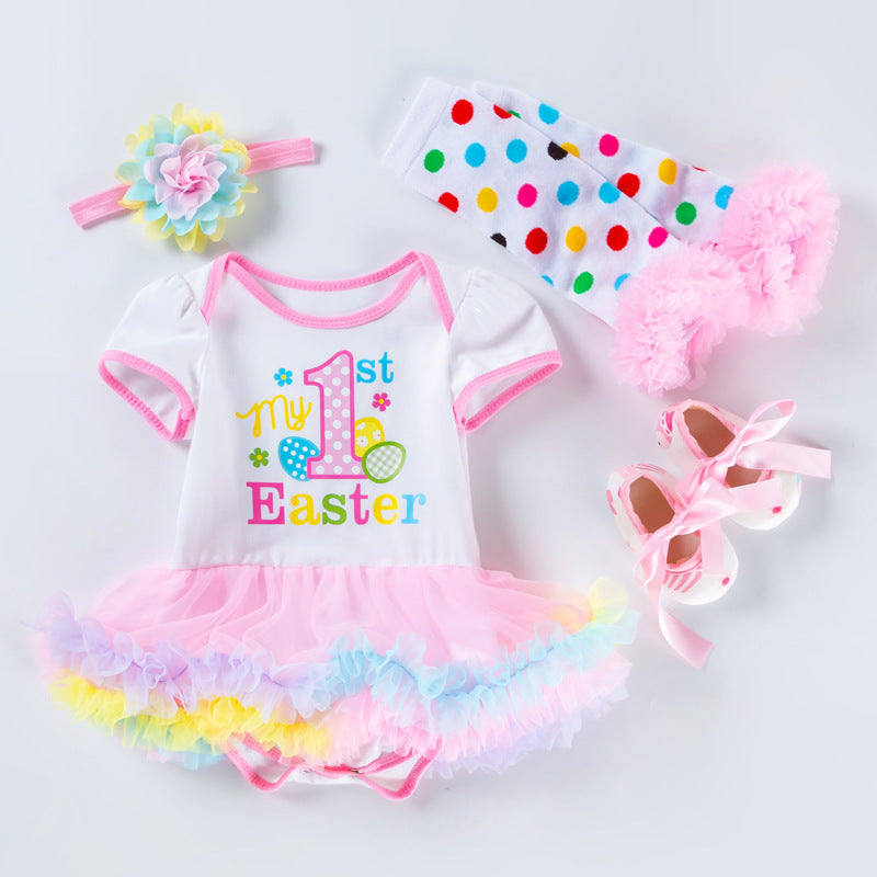 New Baby Easter Romper Dress Cartoon 4-Piece Set