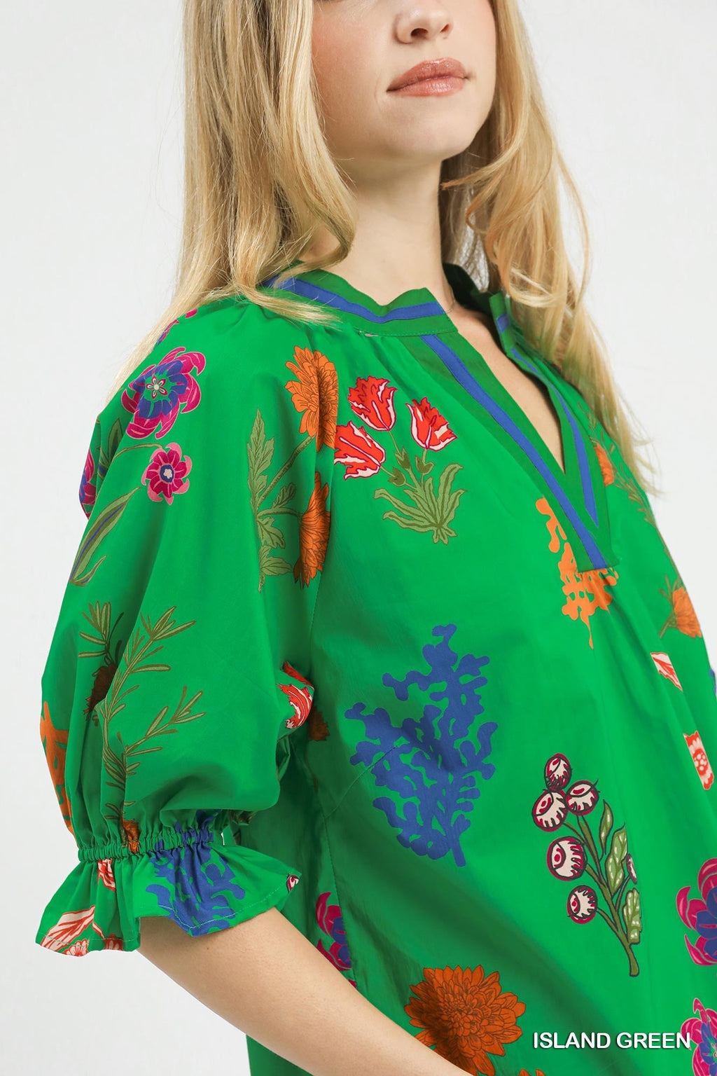 Umgee Floral Split Neck Puff Sleeve Top