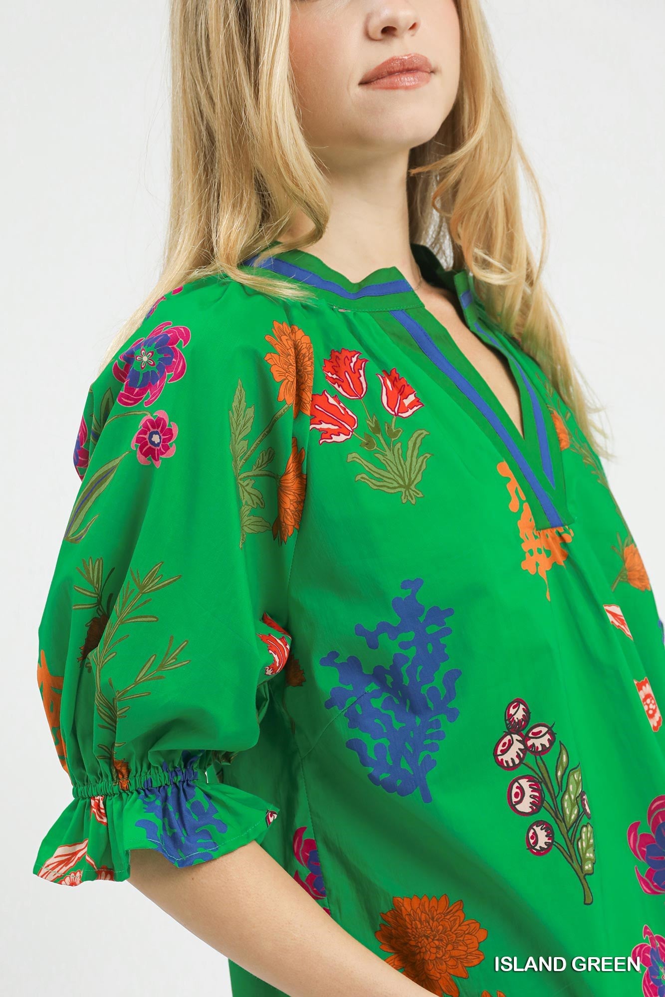 Umgee Floral Split Neck Puff Sleeve Top