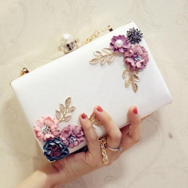 Women's Leather Evening Clutch Bag with Floral Design