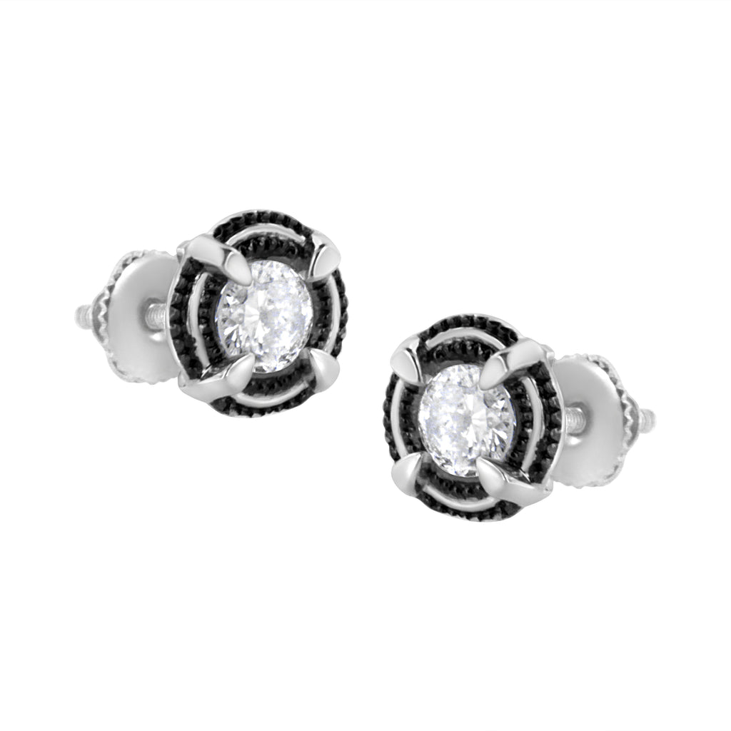 Black Rhodium Plated .925 Sterling Silver Round 1-1/2 cttw Diamond Double Halo 4-Prong Solitaire Milgrain Stud Earrings (H-I Color, I2-I3 Clarity)