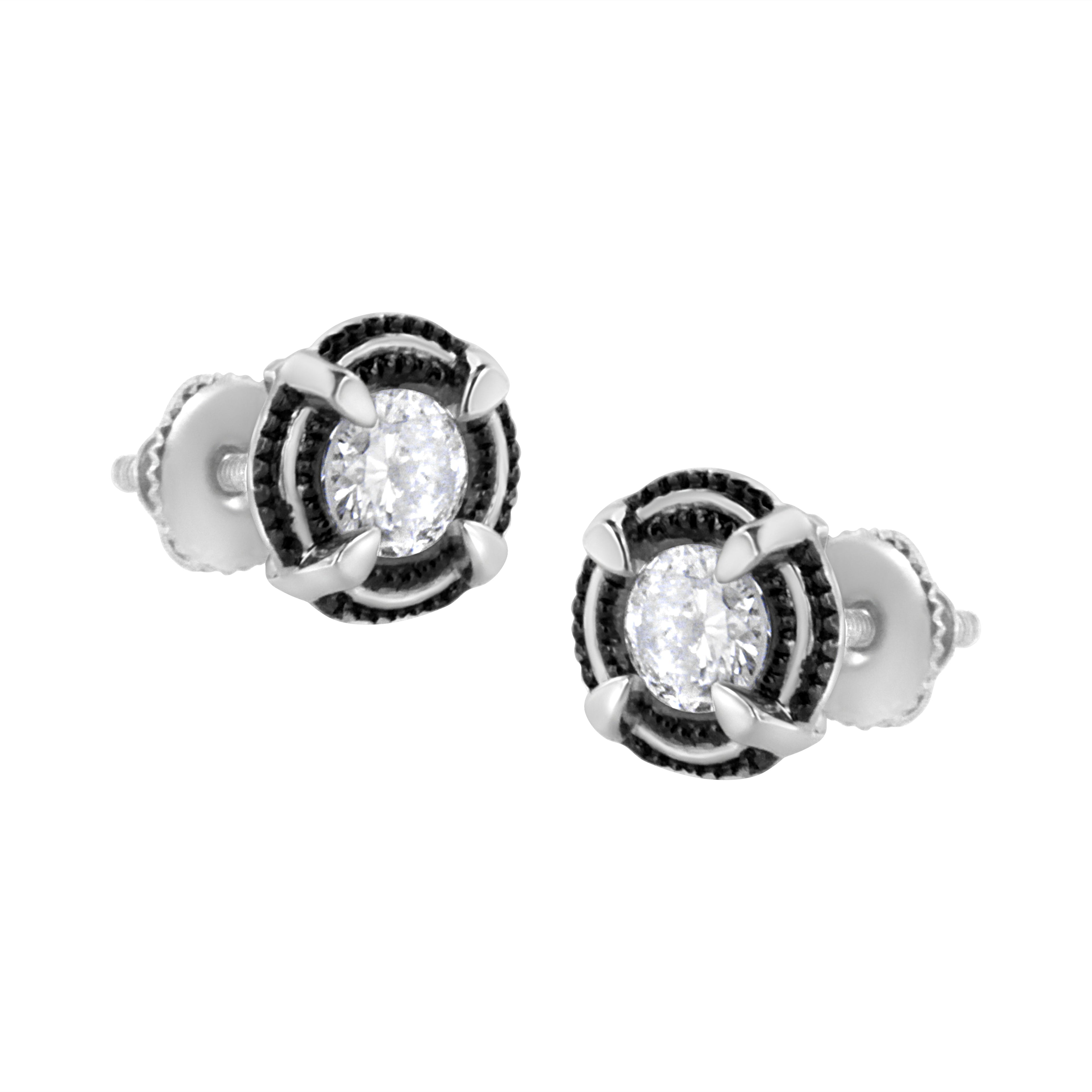 Black Rhodium Plated .925 Sterling Silver Round 1-1/2 cttw Diamond Double Halo 4-Prong Solitaire Milgrain Stud Earrings (H-I Color, I2-I3 Clarity)