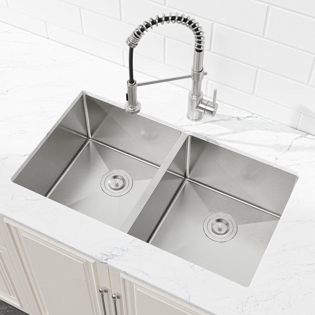 33'x19' Embedded Double Bowl Kitchen Sink, Undermount Handmade Sink in Brushed (Sink only)