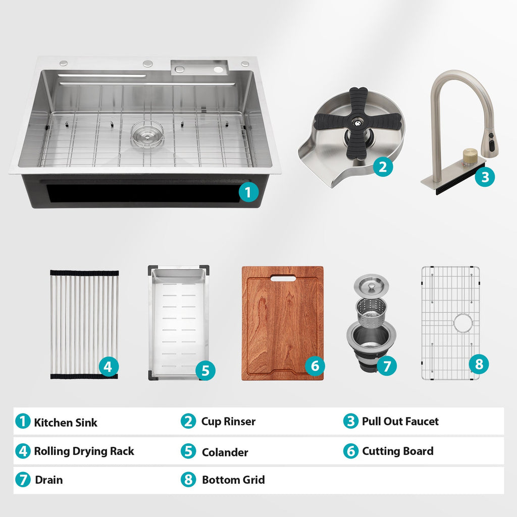 33*22 inch Brushed Nickel 33' Waterfall Kitchen Sink with Pull-Out Faucet & Cup Washer, Stainless Steel Ledge Workstation