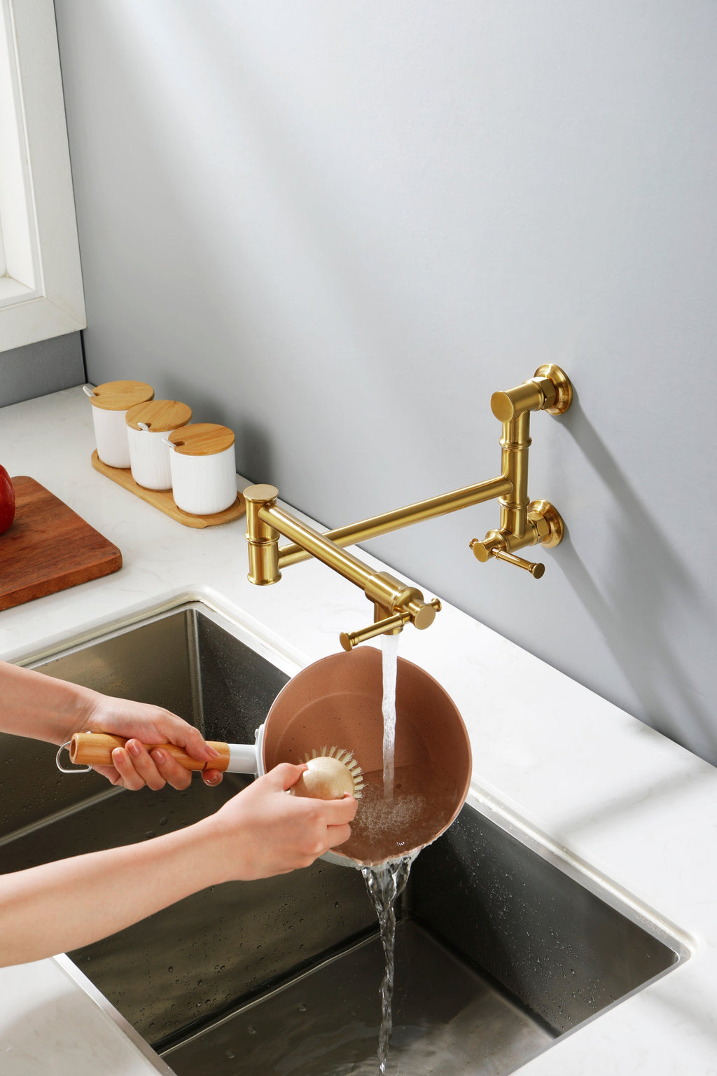 Wall mounted Pot Filler Faucet, Modern Brass Pot Filler Two-Attachment Wall Mount Folding Kitchen Pot Filler Swing Arm