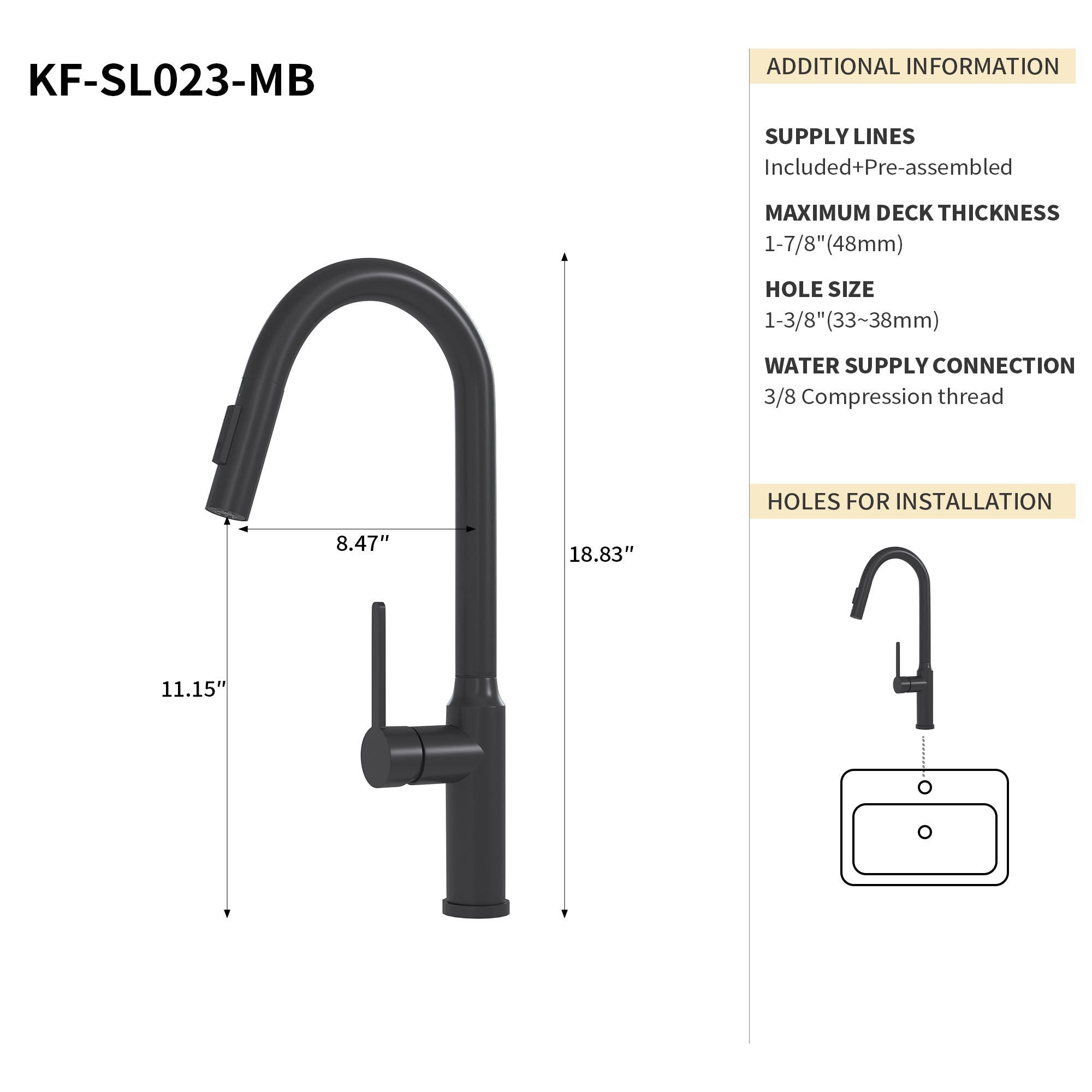 Bothwa Home 18.83' CUPC Certified Pull-down Kitchen Faucet (Matt Black Finish)